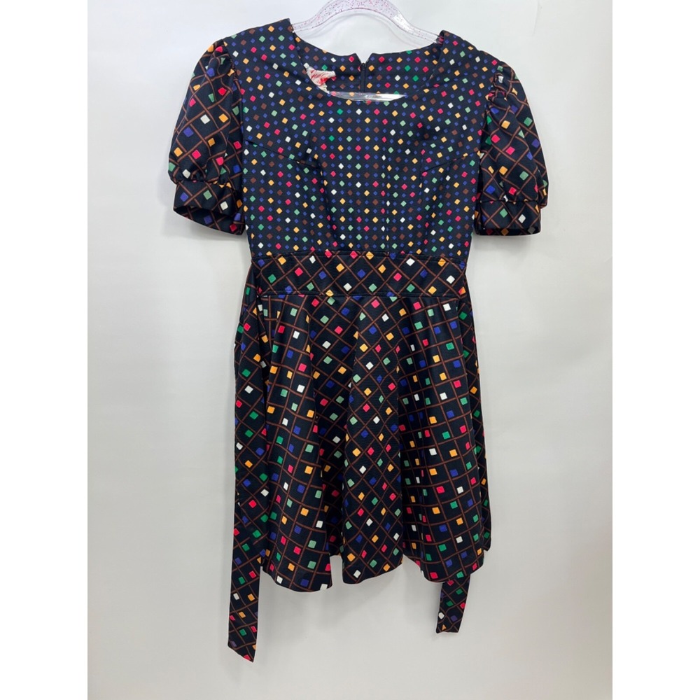 Vintage Georgie Black Dress with Colorful Print Christmas Party Girls Size 9